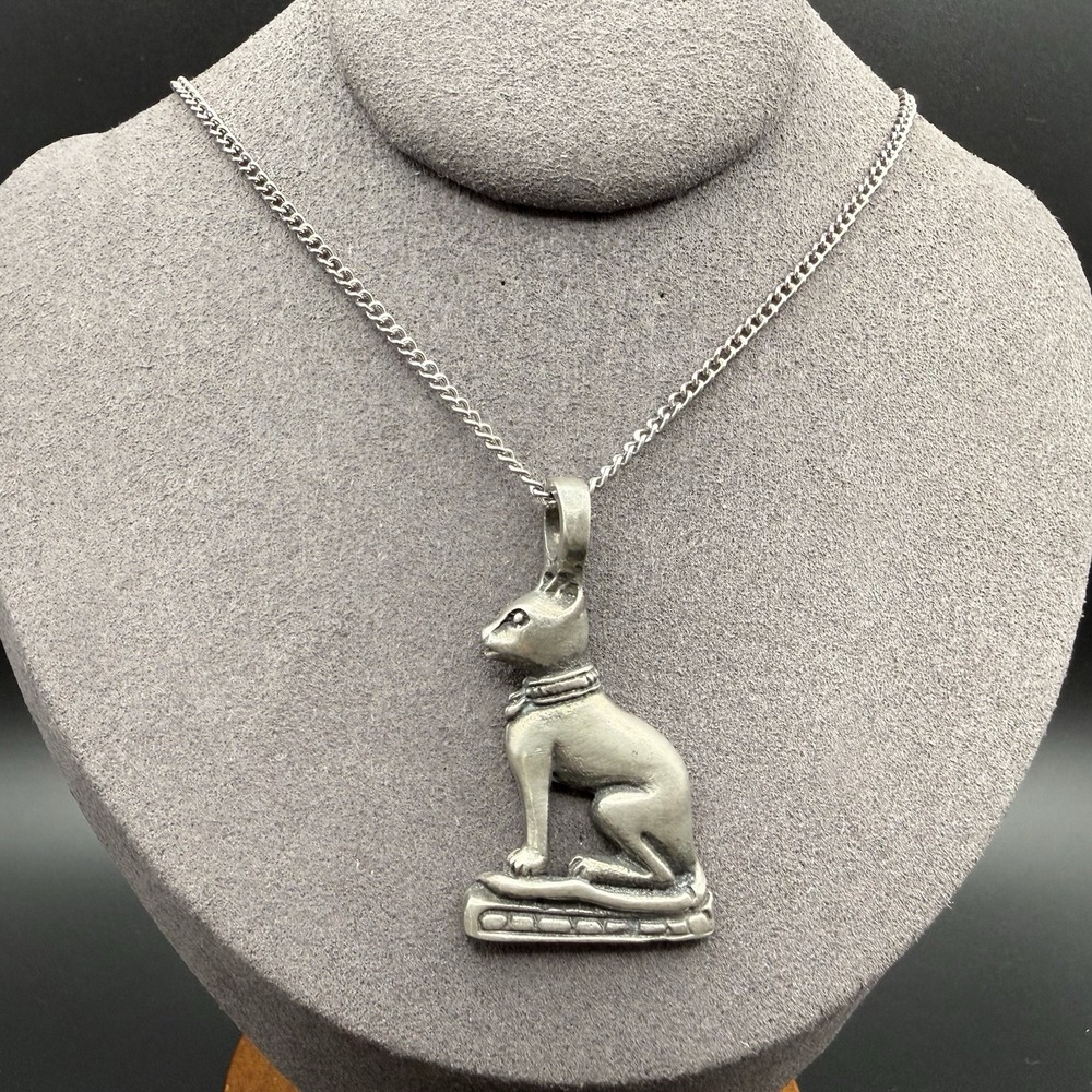Vintage Egyptian Revival Bastet Cat Pendant Necklace Silver Tone Feline Goddess